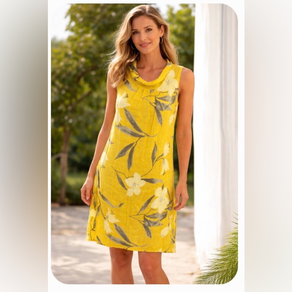 Lungo L,Arno Sleeveless Yellow Floral Linen shift dress size 2X